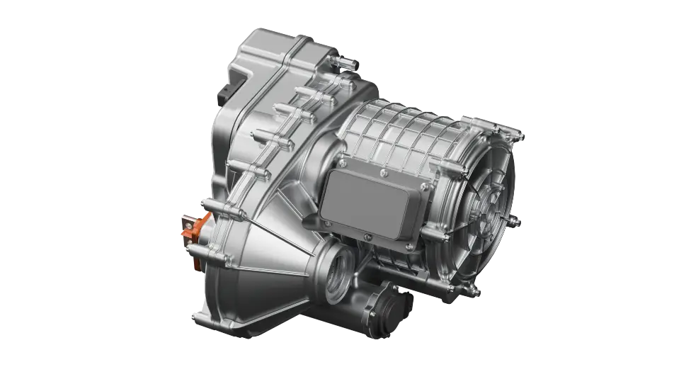 A high-resolution image of an electric vehicle transmission system with detailed metallic components and intricate design features