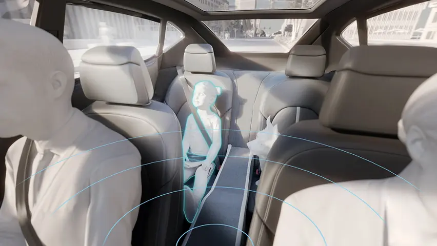 Innenraumansicht mit Sensoren, die ein Kind auf dem Rücksitz erkennen