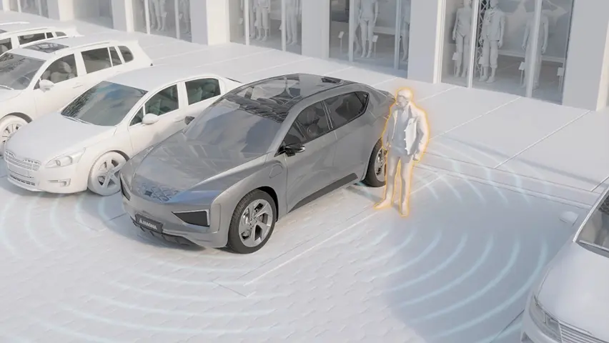 Illustration of car sensing a person approaching the vehicle