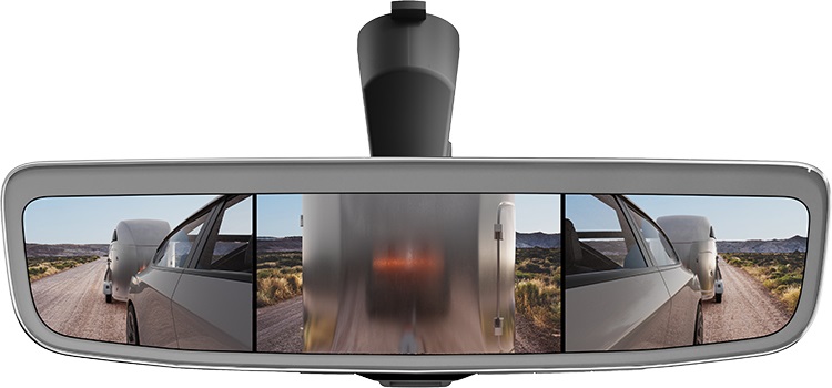 Interior mirror showing 3 views of the back camera and the trailer with the aid of Magna ClearView technology