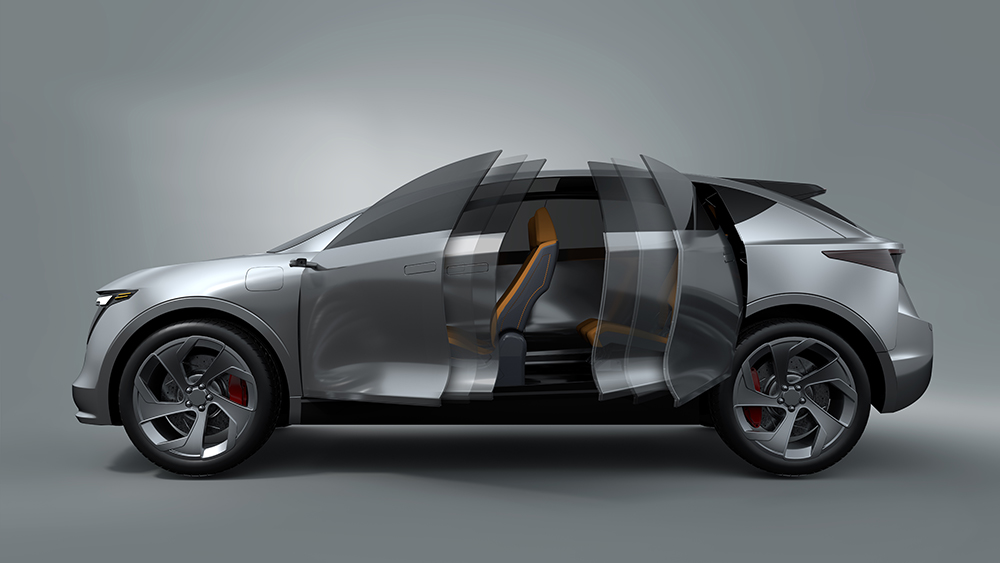 Vehicle with SmartAccess Power Doors showing various stages of the door opening