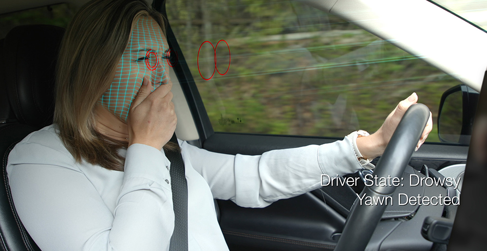 Driver monitoring system detecting drowsiness in a vehicle cabin by tracking facial features and eye behavior to support in-cabin safety.
