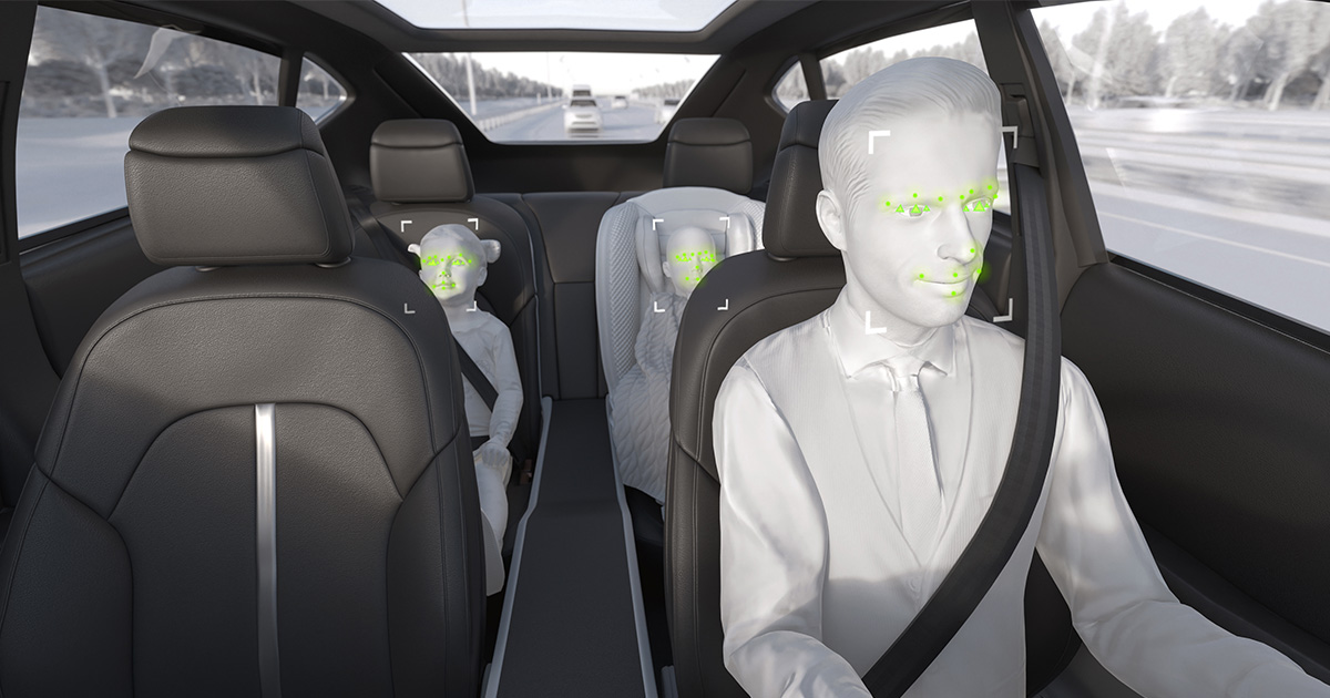 Interior cabin monitoring system identifying a focused driver using facial tracking and AI-based sensing for intelligent vehicle safety.