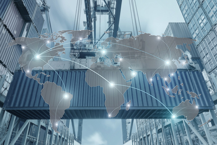 World map overlay on a shipping container and crane background